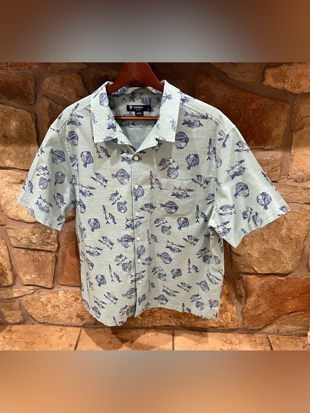 Cremieux Shirt Green & Blue Fish Print Camp Shirt Men's XL Button Up Ocean Vacay